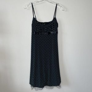 Love TEAse Polka Dot Dress Juniors Large Spaghetti Strap Black Blue Cocktail Y2K